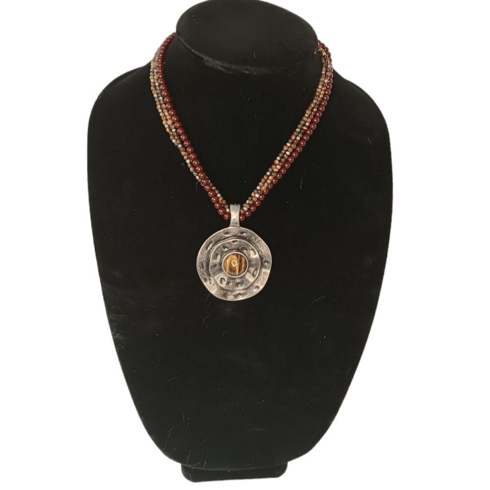 Premier Designs Tigers Eye Medallion Chunky Brown Silvertone Statement Necklace